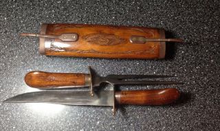 Vintage Ornate Knife & Fork Carving Set Sheathed Wood & Brass India 17 1/2 " Long