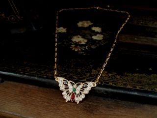 Vintage Montana Blue,  Emerald & Ruby Red Crystal Butterfly Pendant Necklace