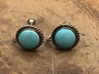 Vintage Pawn Navajo Sterling Silver Kingman Turquoise Stamped Concho Earrings