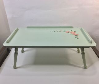 Vintage 1960 ' s Wood Bed Tray Table Spring Load Folding Legs light green 7