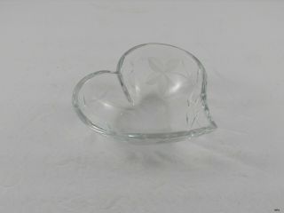 Vintage Lead Crystal Heart Shaped Candy Condiment Bowl Dish : Etched Flowers