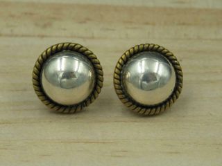 Vintage Laton Mexico Sterling Silver Dome W/ Brass Twisted Rope Pierced Earrings
