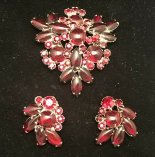 Vintage Red Rhinestone Pin Brooch And Matching Clip - On Earrings