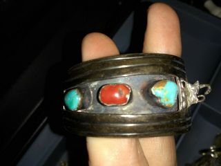Vintage Native Silver,  Turquoise Coral Watch Cuff Navajo Jewelry Timex
