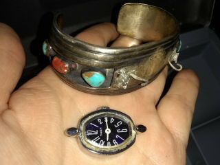 Vintage Native Silver,  Turquoise Coral Watch Cuff Navajo jewelry Timex 2