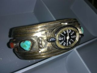 Vintage Native Silver,  Turquoise Coral Watch Cuff Navajo jewelry Timex 3