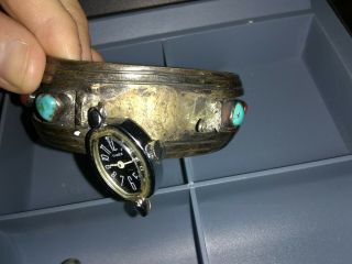Vintage Native Silver,  Turquoise Coral Watch Cuff Navajo jewelry Timex 4