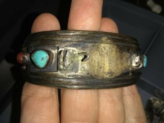Vintage Native Silver,  Turquoise Coral Watch Cuff Navajo jewelry Timex 6