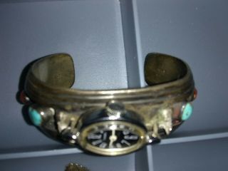 Vintage Native Silver,  Turquoise Coral Watch Cuff Navajo jewelry Timex 7