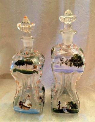 Vintage /antique Pair Glass Hand Painted Cruets Or Apothecary Jars - So