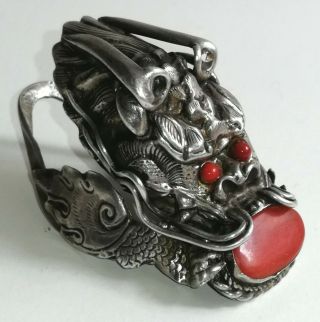 Vintage Oriental Chinese Tibetan Dragon Head Silver Ring With Red Coral - No Res