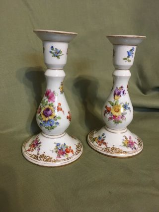 Pair Vintage Dresden Candlestick Holders Hand Painted Floral Germany 6” Tall