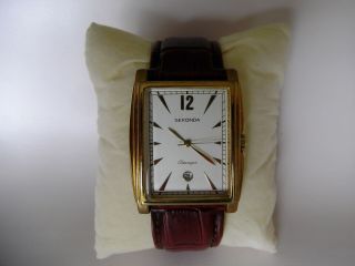 Sekonda Mens Vintage Gold Plated Rectangle Quartz Watch With Date.  Leather Strap