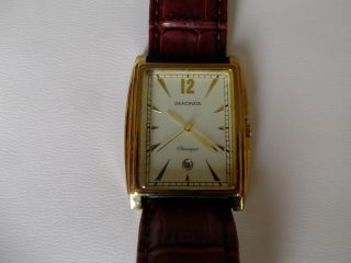 Sekonda mens vintage gold plated rectangle quartz watch with date.  leather strap 2