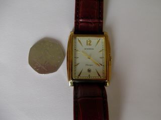 Sekonda mens vintage gold plated rectangle quartz watch with date.  leather strap 3