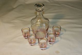 Vintage Glass Decanter 5 Shot Glasses Pink Tint - Made In France