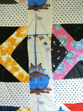 Vintage Feed Sack & Cotton X PATTERN Quilt TOP Sailboat Novelty 83 