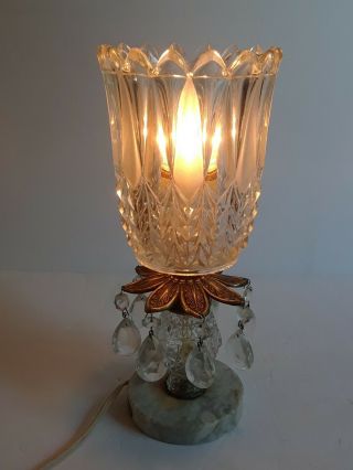 Vintage Gilbert Crystal Glass Tear Drops Brass Marble Style Base Table Lamp