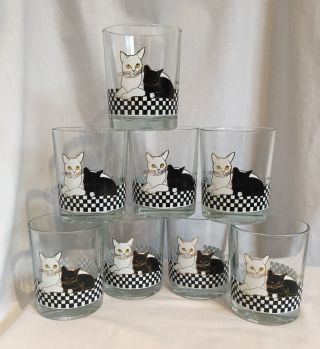 Set Of 8 Vintage Couroc White Cat With Black Kitten 14 Oz Glasses Low Ball Rocks