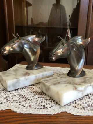 Vintage Antique Heavy Cast Brass / Bronze Horse Head Bookends On Marble