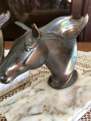 Vintage Antique Heavy Cast Brass / Bronze Horse Head Bookends on Marble 2