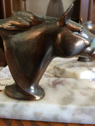 Vintage Antique Heavy Cast Brass / Bronze Horse Head Bookends on Marble 3