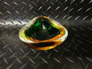 Vintage Green And Amber Heavy Glass Ashtray
