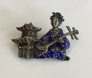 Vintage Solid Silver Enamel & Marcasite Chinese Style Brooch 3.  5cm In Length