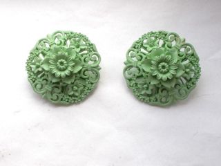 Vintage Art Deco Green Celluloid Floral Lace Effect Statement Clip Earrings