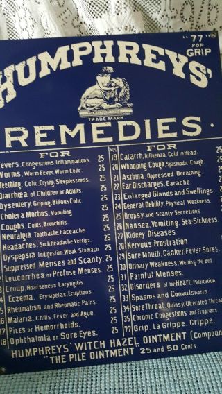 Humphrey ' s Remedies Blue Vintage Porcelain sign.  12 