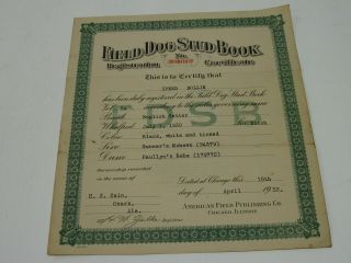 Vintage Field Dog Stud Book Certificate Speed Dollie 1930 English Setter