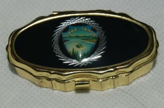 Vintage Lake Tahoe Pill Box Gold Metal Navy Blue Nevada California Souvenir