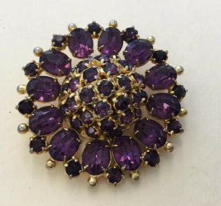 Vintage Costume Gold Tone Purple & Black Rhinestone Floral Pin Vy23