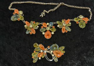 Vintage Costume Jewellery Necklace & Brooch Set Signed Exquisite
