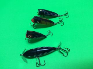 4 Vintage Heddon Lures Wounded Spook - Chugger Jr.  - Baby Lucky 13 - Tiny Chugger