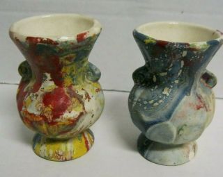 Vintage Nemadji Pottery Set 2 Vases Multi Color Swirls Red Blue Yellow 3 1/2 "