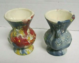 Vintage Nemadji pottery Set 2 vases Multi Color Swirls Red Blue Yellow 3 1/2 