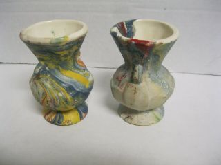 Vintage Nemadji pottery Set 2 vases Multi Color Swirls Red Blue Yellow 3 1/2 