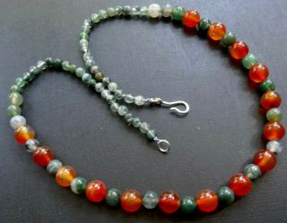 Vintage Sterling Silver Carnelian Green Moss Agate Stone Bead Necklace - A361