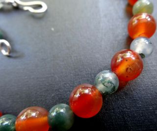 vintage STERLING SILVER CARNELIAN green moss AGATE stone bead necklace - A361 2