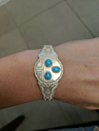 Vintage Sterling Silver Native American Cuff With Turquoise