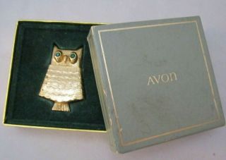 Vintage Avon Owl Pin Brooch Green Rhinestone Eyes 1960 