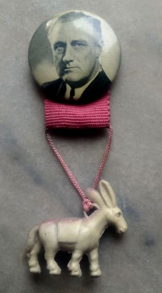 Orig.  Vintage Fdr Roosevelt Political Pin Back Button W/ Attached Plastic Donkey