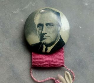 Orig.  Vintage FDR Roosevelt Political Pin Back Button w/ Attached Plastic Donkey 2