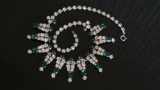 Czech Vintage Clear And Green Rhinestone Necklace