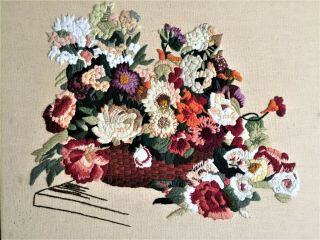 Vintage Erica Wilson Columbia Minerva Floral Basket Crewel Embroidery 24 X 24