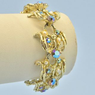 Vintage Bracelet 1950s Purple Ab Crystal & Faux Pearl Goldtone Bridal Jewellery