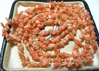 Vintage Jewellery Real Natural Angel Skin Coral Gem Stone Bead Long 34 " Necklace
