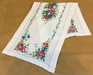 Vintage Dresser Scarf,  Embroidered Flowers & Leaves,  White,  Pink,  Green,  Cotton