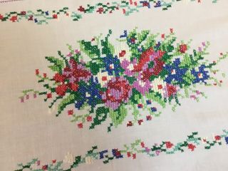 Vintage Dresser Scarf,  Embroidered Flowers & Leaves,  White,  Pink,  Green,  Cotton 2